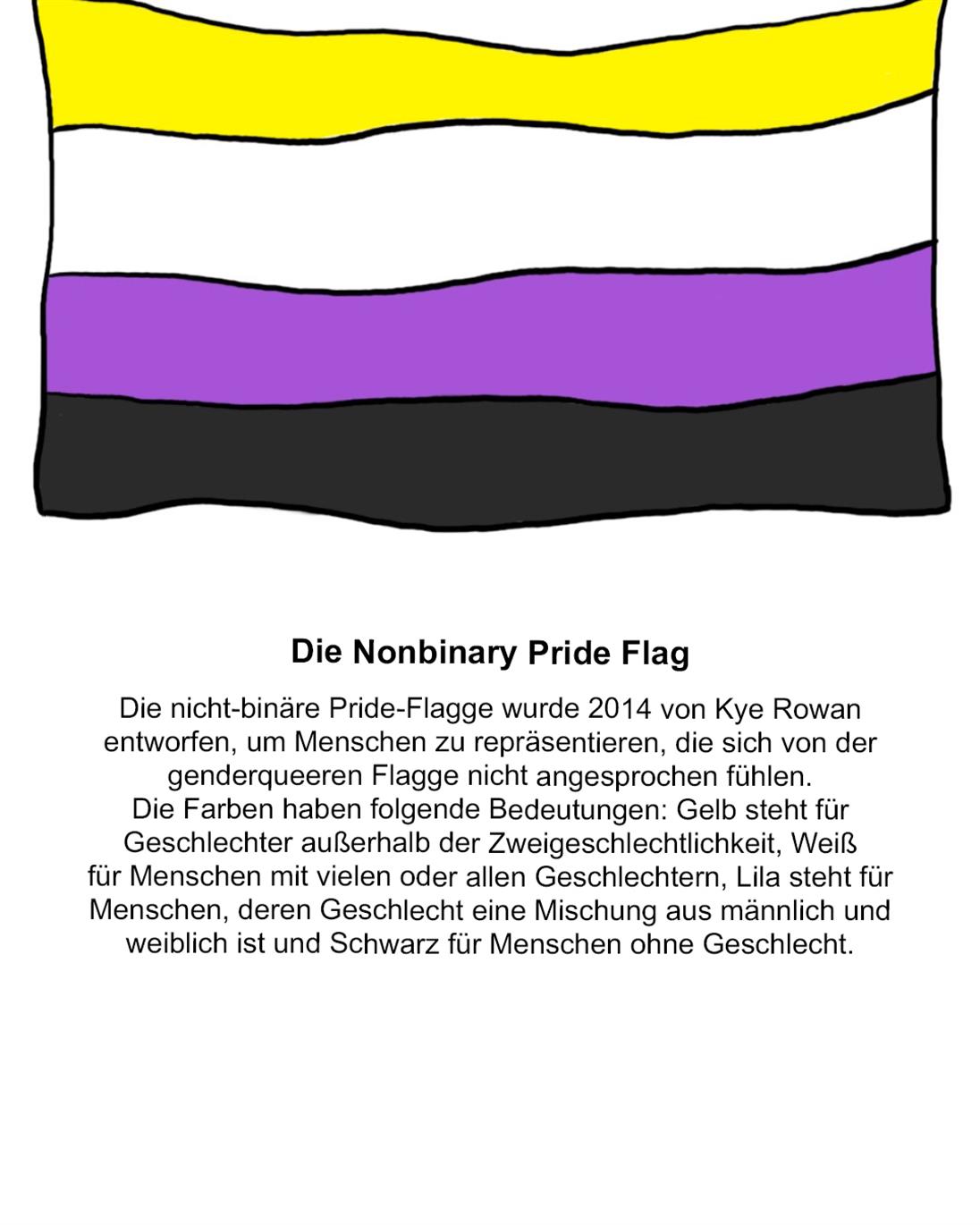 Es wird die Nonbinary-Pride-Flag illustrativ abgebildet. Ihre Farben sind von oben nach unten gelb, weiß, lila, schwarz. 
Darunter steht folgender Erklärungstext zu der Flagge: 
Die nicht-binäre Pride-Flagge wurde 2014 von Kye Rowan 
entworfen, um Menschen zu repräsentieren, die sich von der 
genderqueeren Flagge nicht angesprochen fühlen. 
Die Farben haben folgende Bedeutungen: Gelb steht für 
Geschlechter außerhalb der Zweigeschlechtlichkeit, Weiß 
für Menschen mit vielen oder allen Geschlechtern, Lila steht für 
Menschen, deren Geschlecht eine Mischung aus männlich und 
weiblich ist und Schwarz für Menschen ohne Geschlecht.